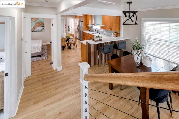 Dining room, Interior, Kitchen, Pendant Lights, Recessed Lighting, Wood Texture Flooring