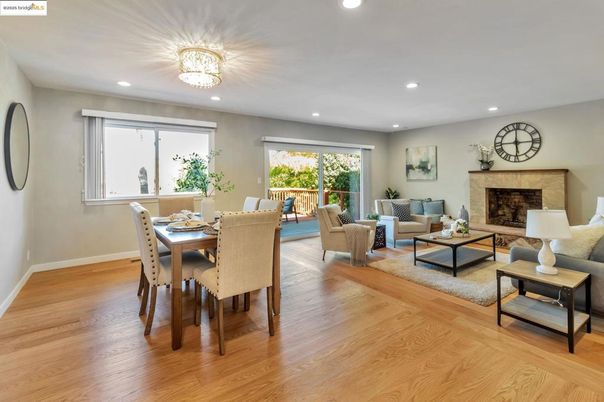 Chandelier, Dining room, Fireplace, Interior, Living room, Recessed Lighting, Wood Texture Flooring