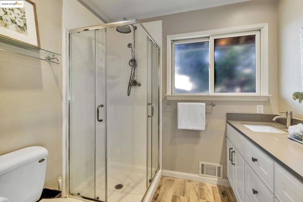 Bathroom, Glass Shower, Interior, Wood Texture Flooring