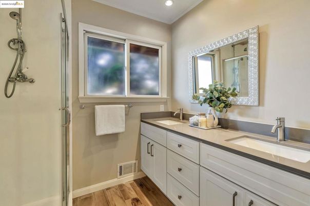 Bathroom, Dual Sink Vanities, Interior, Recessed Lighting, Wood Texture Flooring