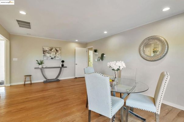 Dining room, Interior, Recessed Lighting, Wood Texture Flooring