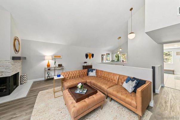 Fireplace, Interior, Living room, Pendant Lights, Wood Texture Flooring