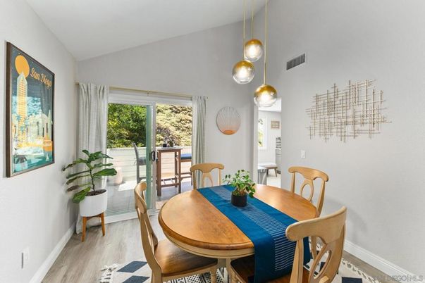 Dining room, Interior, Pendant Lights, Wood Texture Flooring