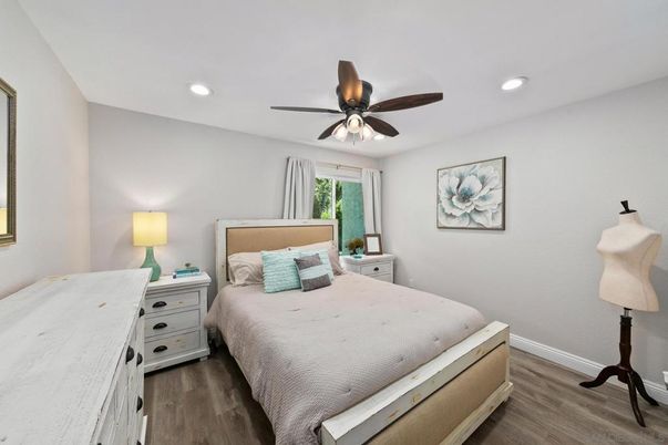 Bedroom, Interior, Recessed Lighting, Wood Texture Flooring