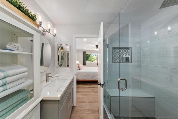 Bathroom, Bedroom, Dual Sink Vanities, Glass Shower, Interior, Recessed Lighting, Wood Texture Flooring