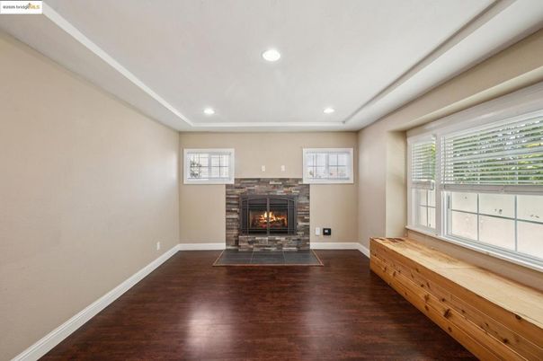 Fireplace, Interior, Recessed Lighting, Wood Texture Flooring