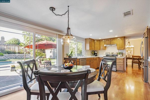 Dining room, Interior, Kitchen, Pendant Lights, Recessed Lighting, Stainless Steel Appliances, Wood Texture Flooring
