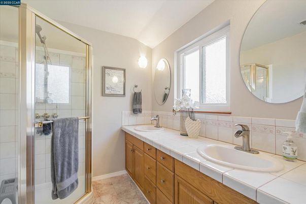 Bathroom, Dual Sink Vanities, Glass Shower, Interior, Tile Countertops