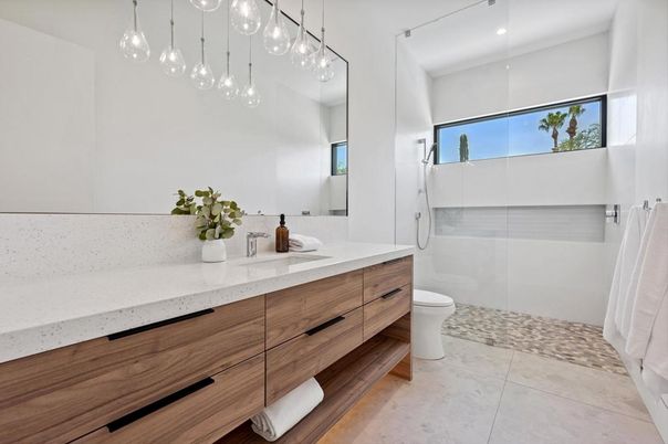 Bathroom, Dual Sink Vanities, Glass Shower, Interior, Pendant Lights, Recessed Lighting