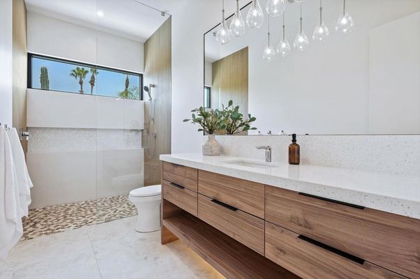Bathroom, Glass Shower, Interior, Pendant Lights