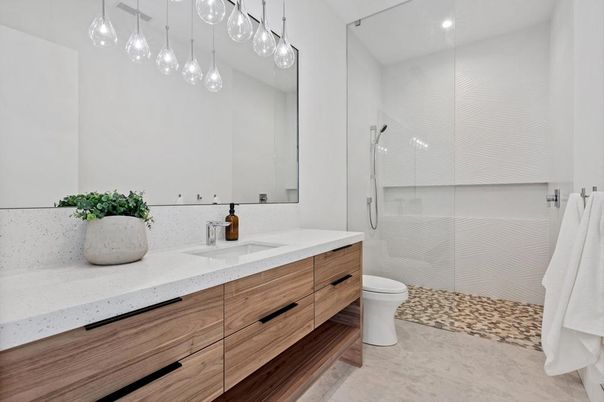 Bathroom, Dual Sink Vanities, Glass Shower, Interior, Pendant Lights, Recessed Lighting