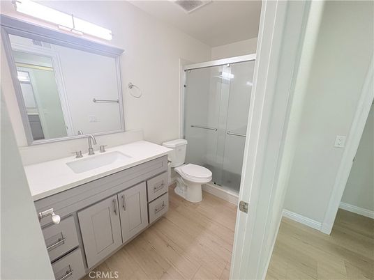 Bathroom, Glass Shower, Interior, Wood Texture Flooring
