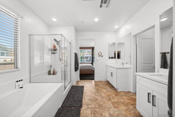 Bathroom, Dual Sink Vanities, Glass Shower, Interior, Recessed Lighting