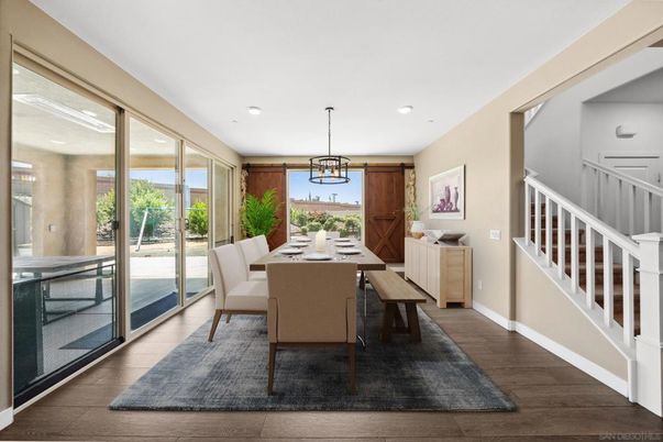 Dining room, Interior, Pendant Lights, Recessed Lighting, Wood Texture Flooring