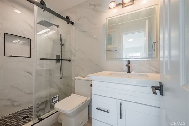 Bathroom, Glass Shower, Interior, Marble Walls, Recessed Lighting