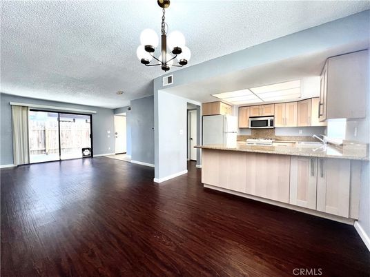 Chandelier, Empty room, Interior, Kitchen, Pendant Lights, Wood Texture Flooring