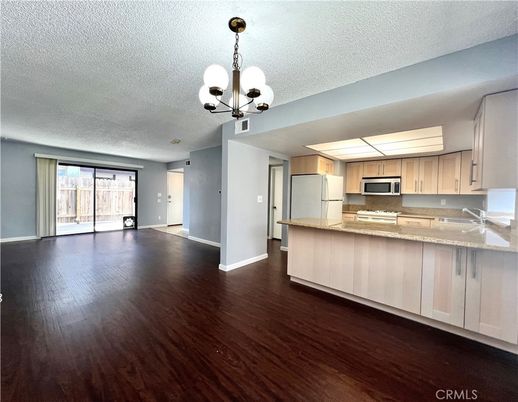 Chandelier, Empty room, Interior, Kitchen, Stainless Steel Appliances, Wood Texture Flooring