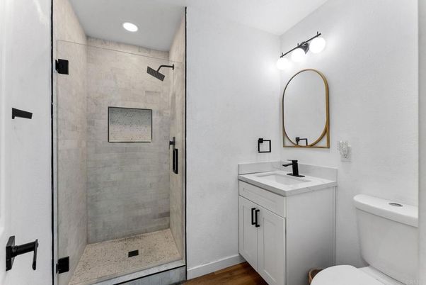 Bathroom, Glass Shower, Interior, Recessed Lighting, Wood Texture Flooring