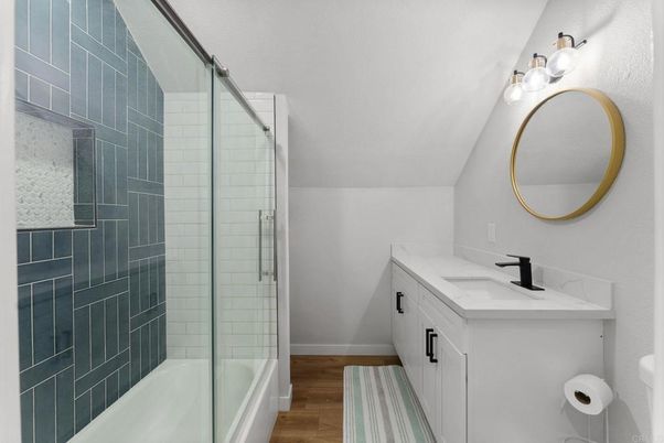 Bathroom, Glass Shower, Interior, Wood Texture Flooring