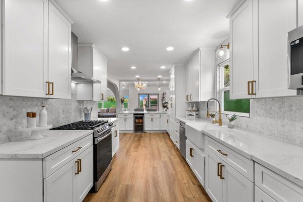 Chandelier, Interior, Kitchen, Recessed Lighting, Stainless Steel Appliances, Wood Texture Flooring