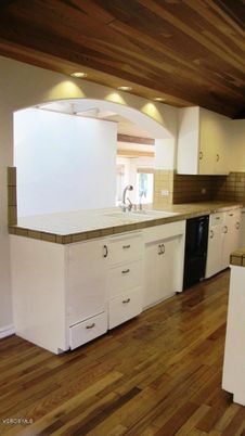 Interior, Kitchen, Recessed Lighting, Tile Countertops, Wooden Ceilings, Wood Texture Flooring