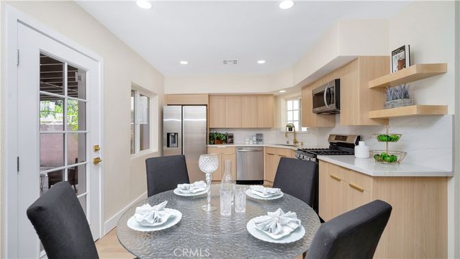 Dining room, Interior, Kitchen, Recessed Lighting, Stainless Steel Appliances, Wood Texture Flooring