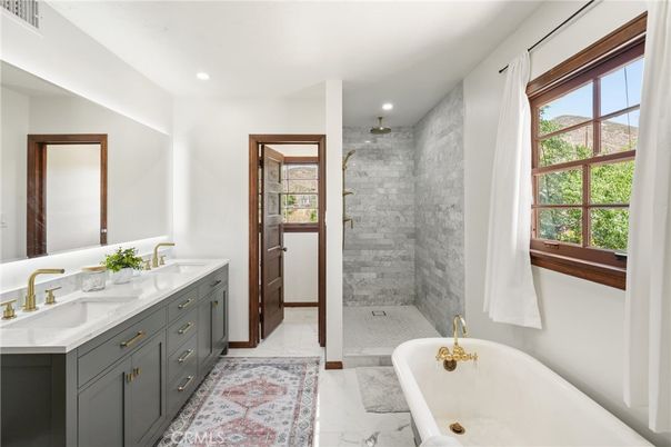 Bathroom, Dual Sink Vanities, Glass Shower, Interior, Marble, Recessed Lighting