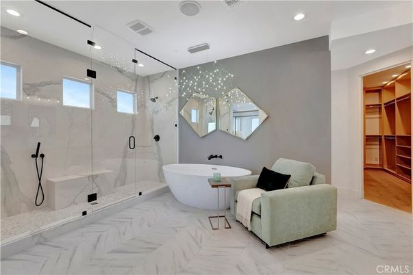 Bathroom, Free Standing Baths, Glass Shower, Interior, Marble, Marble Walls, Pendant Lights, Recessed Lighting