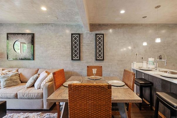 Dining room, Interior, Pendant Lights, Recessed Lighting, Wood Texture Flooring