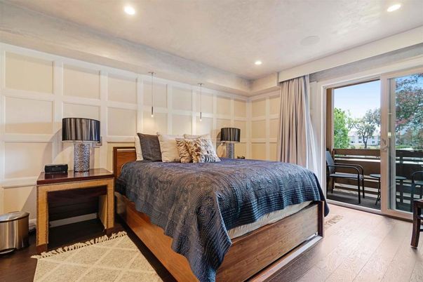 Bedroom, Interior, Pendant Lights, Recessed Lighting, Wood Texture Flooring