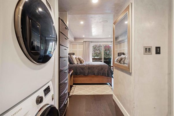 Bedroom, Interior, Recessed Lighting, Washer, Wood Texture Flooring