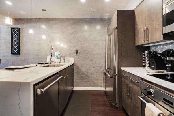 Interior, Kitchen, Pendant Lights, Recessed Lighting, Stainless Steel Appliances, Wood Texture Flooring