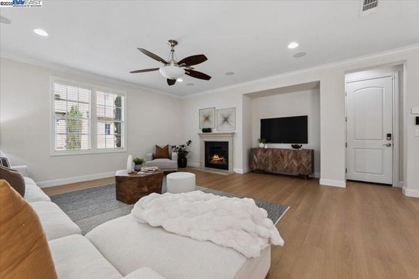 Fireplace, Interior, Living room, Recessed Lighting, Wood Texture Flooring