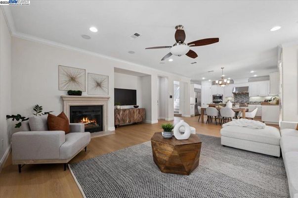 Chandelier, Dining room, Fireplace, Interior, Kitchen, Living room, Pendant Lights, Recessed Lighting, Wood Texture Flooring