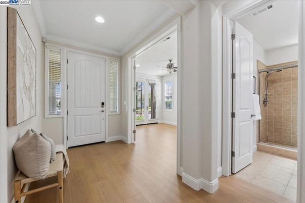 Bathroom, Glass Shower, Interior, Recessed Lighting, Wood Texture Flooring