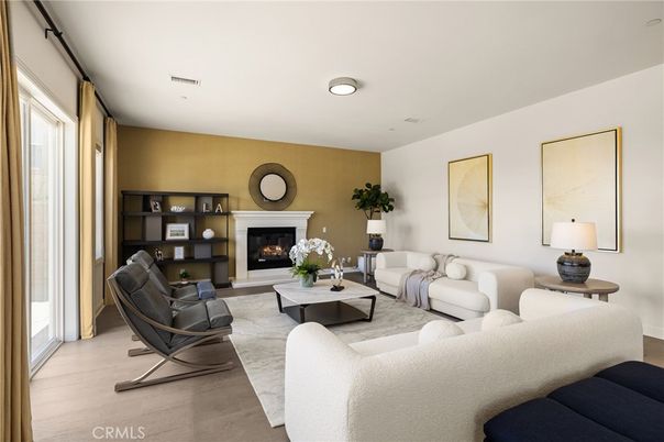 Fireplace, Interior, Living room, Recessed Lighting, Wood Texture Flooring