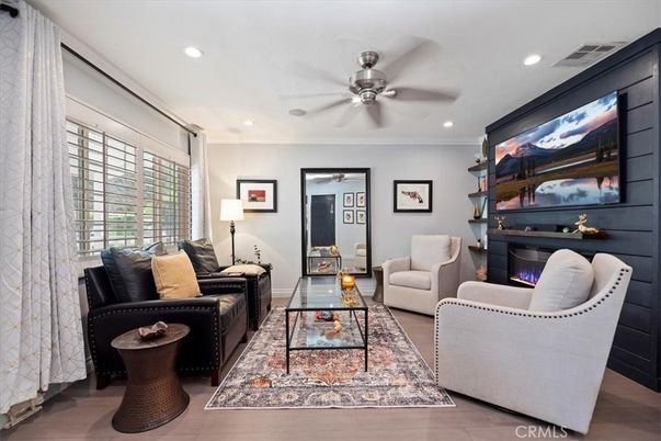 Fireplace, Interior, Living room, Recessed Lighting, Wood Texture Flooring