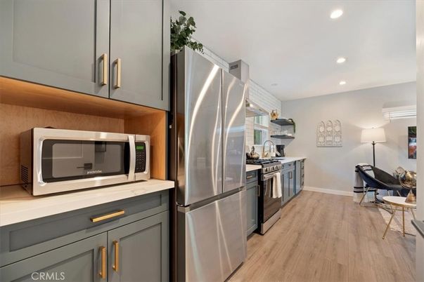 Interior, Kitchen, Recessed Lighting, Stainless Steel Appliances, Wood Texture Flooring