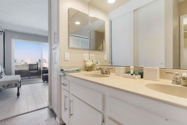 Bathroom, Dual Sink Vanities, Interior, Recessed Lighting, Wood Texture Flooring