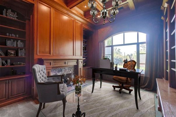 Chandelier, Fireplace, Home Office, Interior, Recessed Lighting, Wooden Beams, Wooden Ceilings, Wooden Walls
