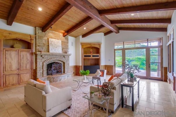 Fireplace, Interior, Living room, Recessed Lighting, Stone Walls, Wooden Beams, Wooden Ceilings