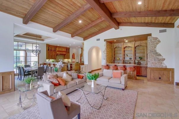 Dining room, Interior, Kitchen, Living room, Pendant Lights, Recessed Lighting, Stone Walls, Wooden Beams, Wooden Ceilings