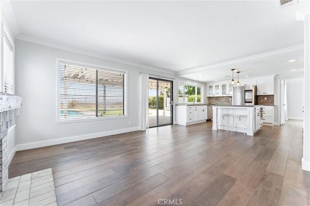 Empty room, Interior, Kitchen, Pendant Lights, Recessed Lighting, Wood Texture Flooring