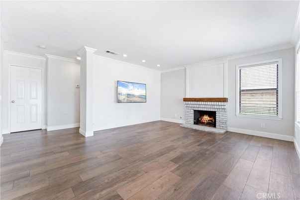 Empty room, Fireplace, Interior, Recessed Lighting, Wood Texture Flooring