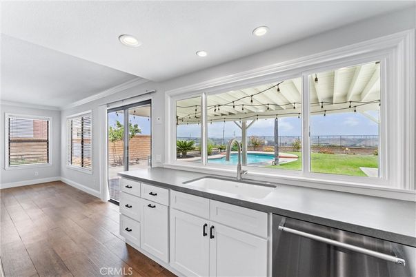 Interior, Kitchen, Recessed Lighting, Stainless Steel Appliances, Water, Wood Texture Flooring