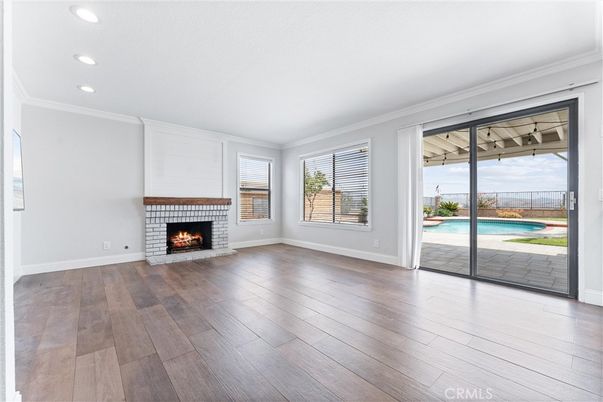 Empty room, Fireplace, Interior, Recessed Lighting, Wood Texture Flooring