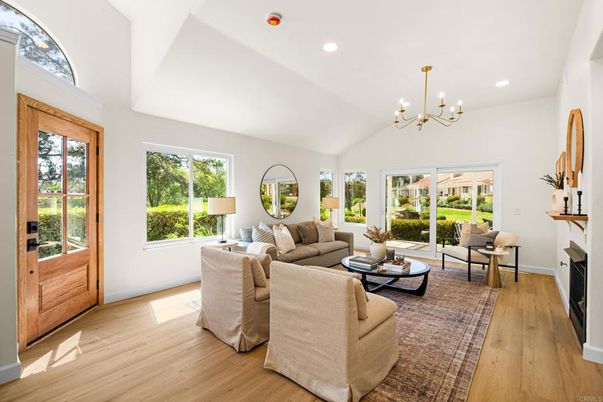 Chandelier, Fireplace, Interior, Living room, Recessed Lighting, Wood Texture Flooring