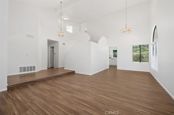 Chandelier, Empty room, Interior, Pendant Lights, Wood Texture Flooring