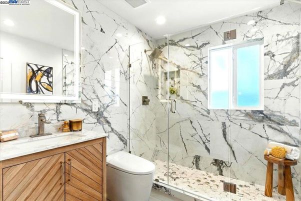 Bathroom, Glass Shower, Interior, Marble Walls, Recessed Lighting