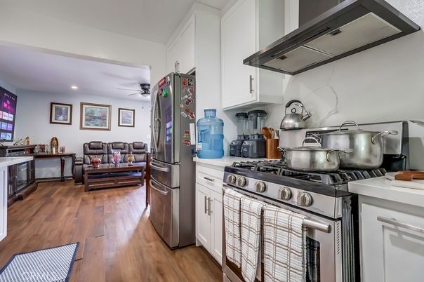 Interior, Kitchen, Living room, Recessed Lighting, Stainless Steel Appliances, Wood Texture Flooring